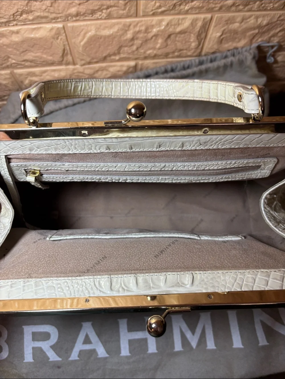 Brahmin White Pearlescent Croc-Embossed Kiss Lock Frame Satchel with Top Handle
